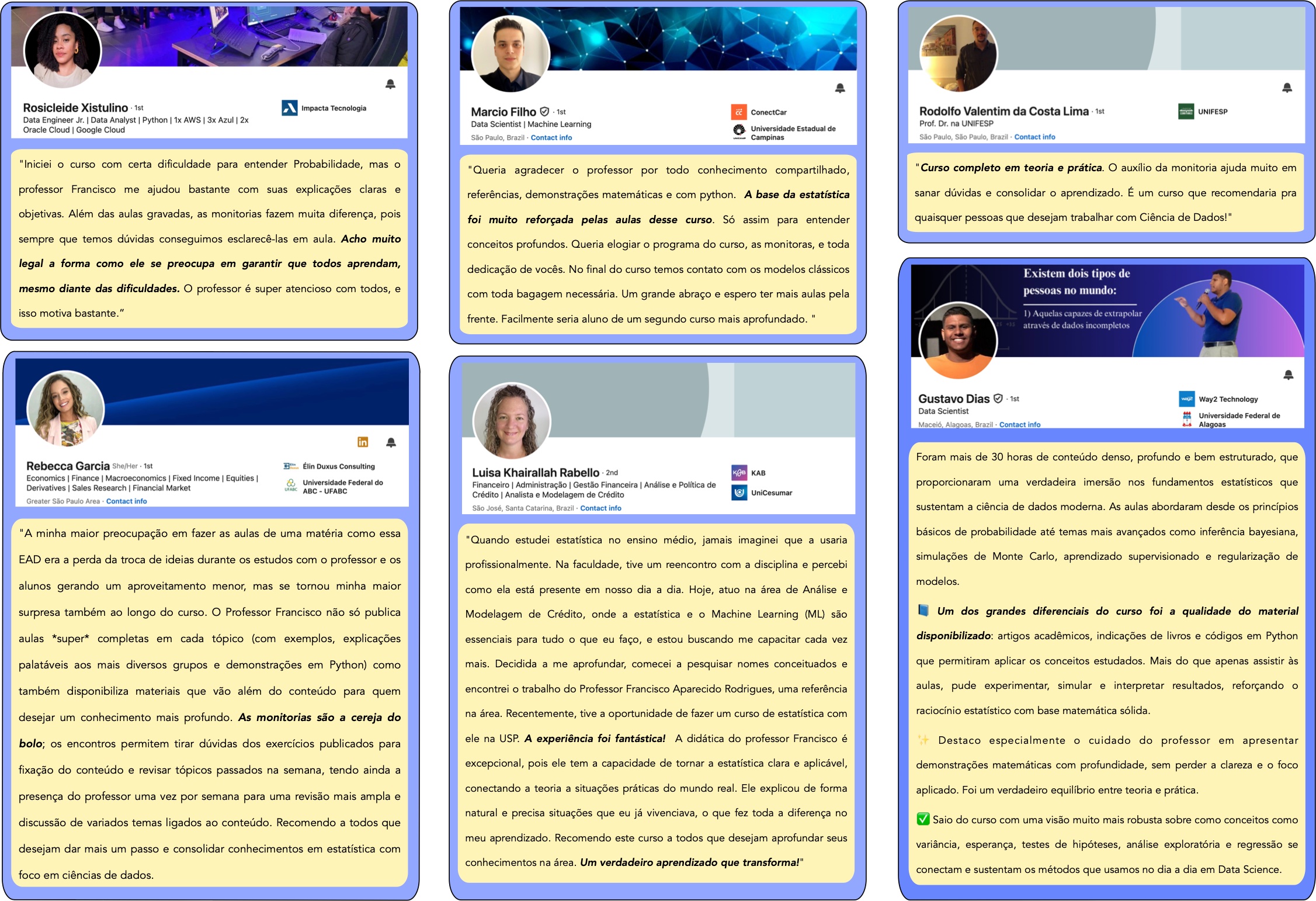 Depoimentos de alunos sobre o curso e o professor